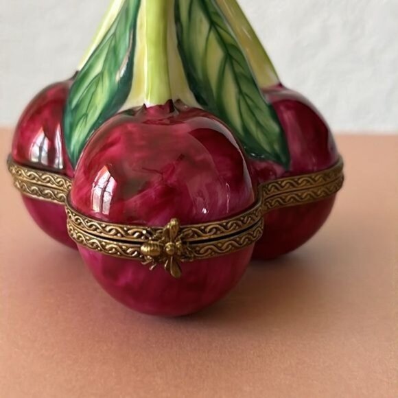 Limoges France Hand Painted Porcelain Cherries Trinket Box - Picture 2 of 11